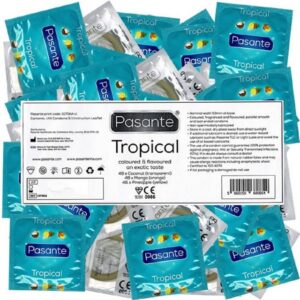 Pasante Kondome Pasante Vorratspackung, fruchtige Kondome mit Aroma Sorte: Tropical Flavours, Kondome mit tropischem Geschmack (Kokosnuss, Mango, Ananas), Kondome für Oralverkehr