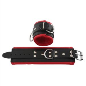 Leather cuff wrist black lined red