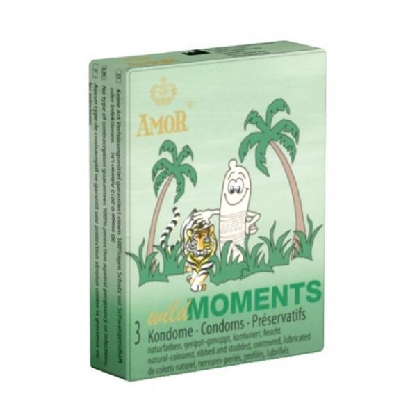 Amor Kondome Wild Moments (Ribbed & Studded) Packung mit, 3 St., gerippt-genoppte Kondome, konturierte Kondome mit Rillen und Noppen