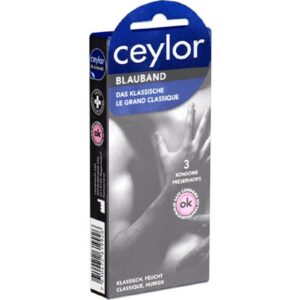 Ceylor Kondome Blauband (Kondome mit Gleitcreme) Packung mit, 3 St., im hygienischen "Dösli", einfach zu öffnen, schnelleres Überziehen