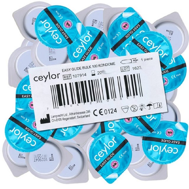 Ceylor Kondome Easy Glide (extra feuchte Kondome mit 30% mehr Gleitmittel) Packung mit, 100 St., gefühlsintensive Kondome, Premium-Qualität aus der Schweiz, im hygienischen „Dösli“, einfach zu öffnen, schnelleres Überziehen