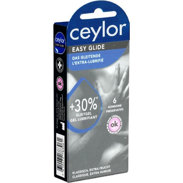 Ceylor Kondome Easy Glide (extra feuchte Kondome mit 30% mehr Gleitmittel) Packung mit, 6 St., gefühlsintensive Kondome, Premium-Qualität aus der Schweiz, im hygienischen „Dösli“, einfach zu öffnen, schnelleres Überziehen