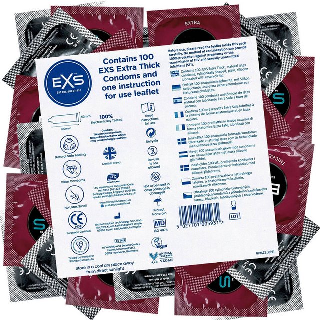 EXS Kondome Extra Thick (Extra Safe) – starke Kondome Packung mit, 100 St., extra sichere Kondome für Analverkehr, Kondome mit dicker Wandstärke, strapazierfähig und reißfest