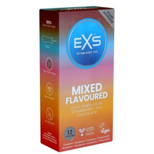 EXS Kondome Mixed Flavoured - aromatische Kondome im einzigartigen Mix Packung mit, 12 St., 4 verschiedene Sorten im Mix (Bubblegum, Cola, Chocolate, Strawberry)