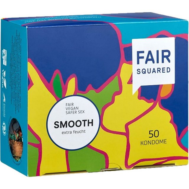 Fair Squared Kondome Celebrate your Love – Smooth Packung mit, 50 St., fair gehandelte Kondome mit viel Gleitmittel, vegane und extra feuchte Fair-Trade-Kondome