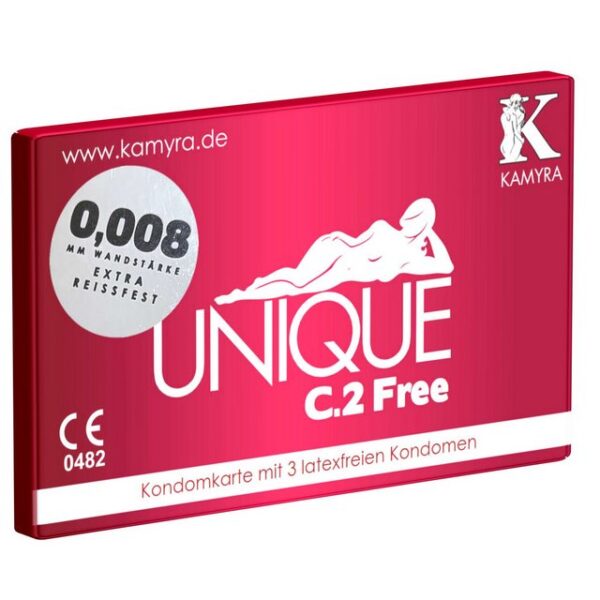 Kamyra Kondome Unique C.2 Free - Kondomkarte - latexfreie Kondome Packung mit, 3 St., mit flacher Basis ohne Ring, auch mit ölhaltigen Gleitmitteln verwendbar