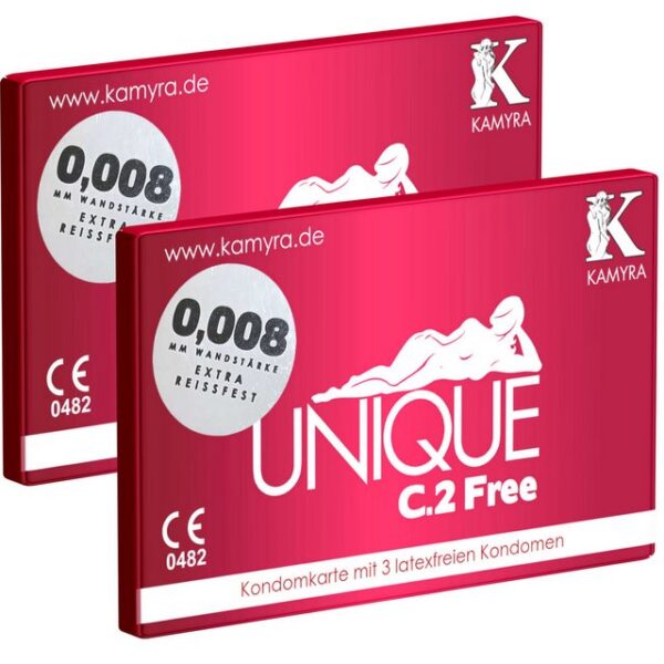 Kamyra Kondome Unique C.2 Free - Kondomkarte - latexfreie Kondome Packung mit, 6 St., mit flacher Basis ohne Ring, auch mit ölhaltigen Gleitmitteln verwendbar