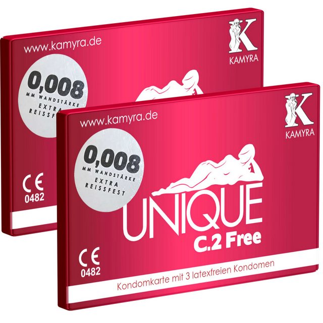Kamyra Kondome Unique C.2 Free – Kondomkarte – latexfreie Kondome Packung mit, 6 St., mit flacher Basis ohne Ring, auch mit ölhaltigen Gleitmitteln verwendbar