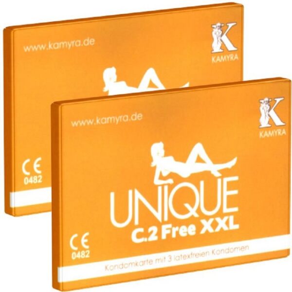 Kamyra XXL-Kondome Unique C.2 Free XXL - Kondomkarte - große latexfreie Kondome Packung mit, 6 St., mit flacher Basis und 66mm nominaler Breite, auch mit ölhaltigen Gleitmitteln verwendbar
