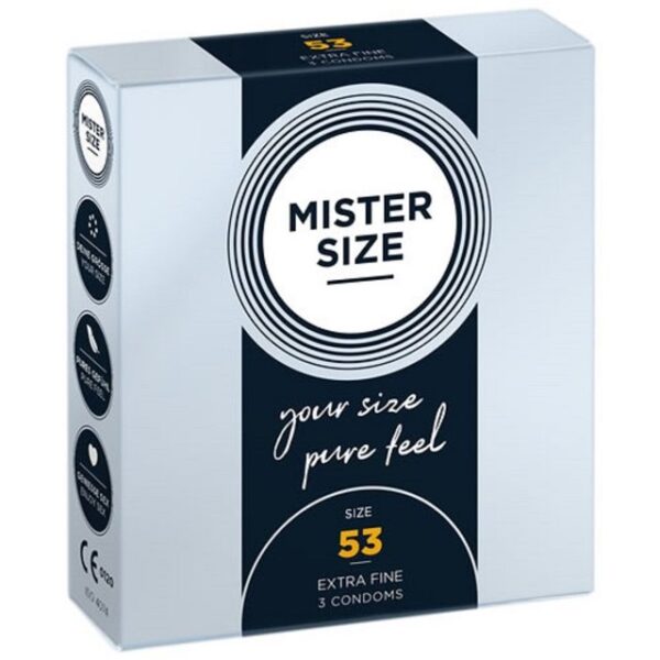 MISTER SIZE Kondome Mister Size "53" Maßkondome - fein & gediegen Packung mit, 3 St., Kondome in Größe M, vegan, extra dünn & extra fein, das passende Kondom in Ihrer Größe