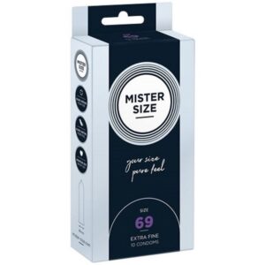 MISTER SIZE XXL-Kondome Mister Size "69" Maßkondome - bedächtig & sicher Packung mit, 10 St., Kondome in Größe XXXL, vegan, extra dünn & extra fein, das passende Kondom in Ihrer Größe