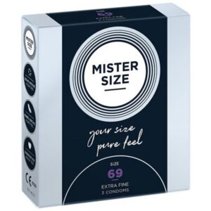MISTER SIZE XXL-Kondome Mister Size "69" Maßkondome - bedächtig & sicher Packung mit, 3 St., Kondome in Größe XXXL, vegan, extra dünn & extra fein, das passende Kondom in Ihrer Größe