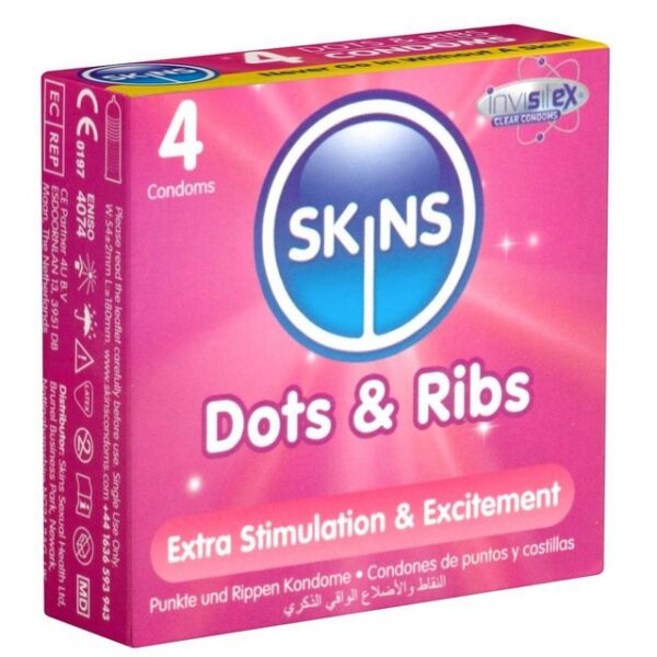 SKINS Condoms Kondome Dots & Ribs, samtweiche Oberfläche, fühlt sich an wie "echt", Packung mit, 4 St., gerippt/genoppte Kondome, durchsichtiges Latex (kristallklar), kein Latexgeruch