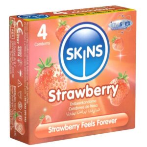 SKINS Condoms Kondome Strawberry, samtweiche Oberfläche, fühlt sich an wie "echt", Packung mit, 4 St., Kondome mit fruchtigem Erdbeeraroma, durchsichtiges Latex (kristallklar), kein Latexgeruch