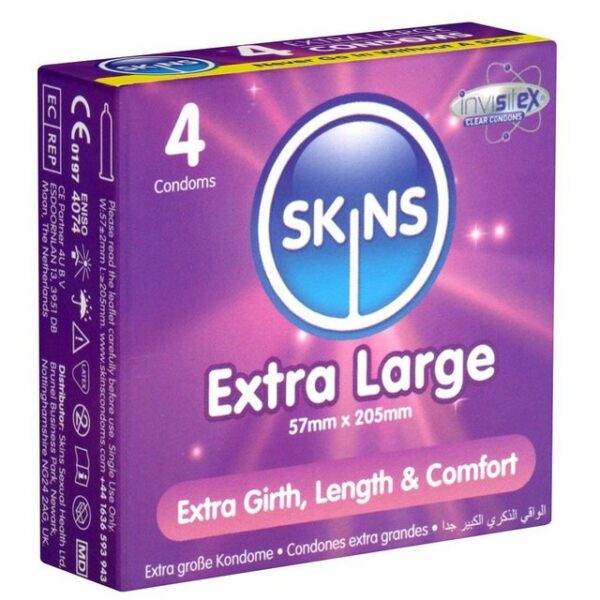 SKINS Condoms XXL-Kondome Extra Large, samtweiche Oberfläche, fühlt sich an wie "echt", Packung mit, 4 St., XXL Kondome mit Vanille-Duft, durchsichtiges Latex (kristallklar), kein Latexgeruch