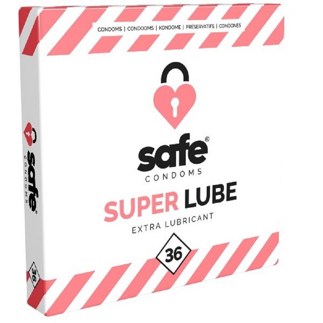 Safe Kondome SUPER Lube (Extra Lubricant) Kondome für ein super natürliches Gefühl, Packung mit, 36 St., Kondome mit besonders viel Gleitmittel, extra feuchte Kondome mit anatomischer Form