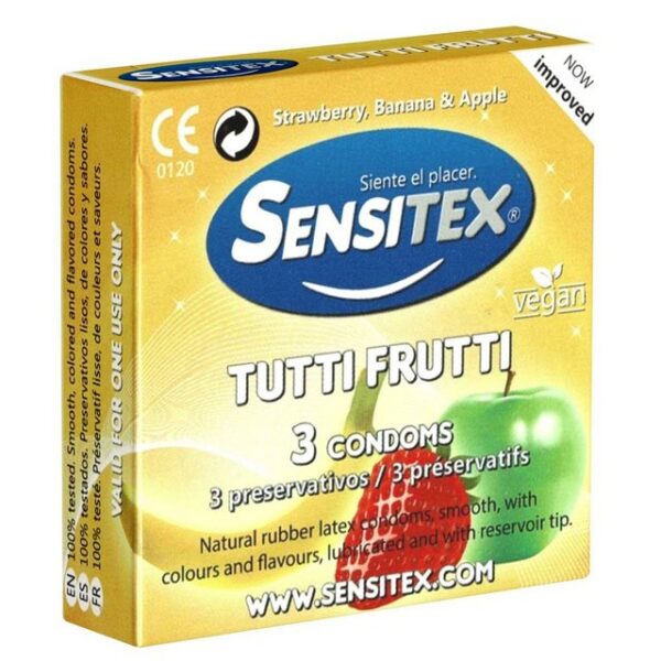 Sensitex Kondome Tutti Frutti (Flavoured) Packung mit, 3 St., bunte und vegane Kondome mit Geschmack