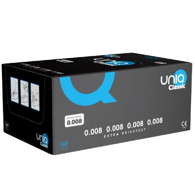 UNIQ Kondome Classic 0.008 Kondomkarte mit, 72 St., hypoallergene und geruchslose Kondome, extrem dünn und latexfrei, auch mit ölhaltigen Gleitmitteln verwendbar