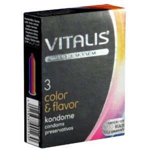 VITALIS Kondome PREMIUM Color & Flavour (bunte aromatische Kondome) Packung mit, 3 St., Kondome für aufregenden Oralverkehr, drei verschiedene Sorten im Mix, zuverlässig, sicher und angenehm im Gebrauch