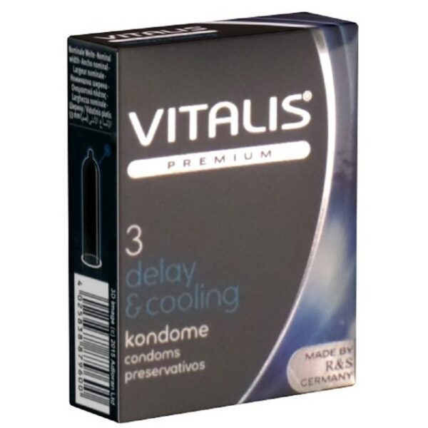 VITALIS Kondome PREMIUM Delay & Cooling (verzögernde Kondome) Packung mit, 3 St., Kondome für sanfte Aktverlängerung und erfrischend prickelnde Gefühle, zuverlässig, sicher und angenehm im Gebrauch