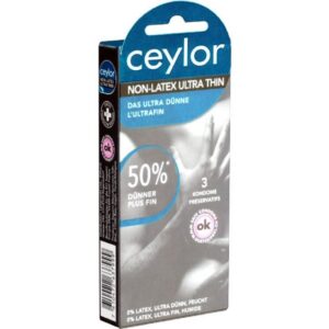 Ceylor Kondome Non-Latex Ultra Thin (Kondome für Allergiker - latexfrei & 50% dünner) Packung mit, 3 St., im hygienischen "Dösli", einfach zu öffnen, schnelleres Überziehen