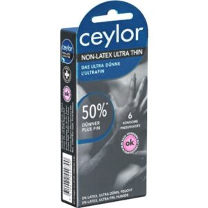 Ceylor Kondome Non-Latex Ultra Thin (Kondome für Allergiker - latexfrei & 50% dünner) Packung mit, 6 St., im hygienischen "Dösli", einfach zu öffnen, schnelleres Überziehen