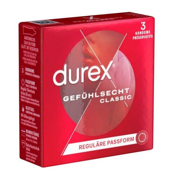 durex Kondome Gefühlsecht Classic Packung mit, 3 St., hauchzarte Markenkondome mit Easy-On™-Passform