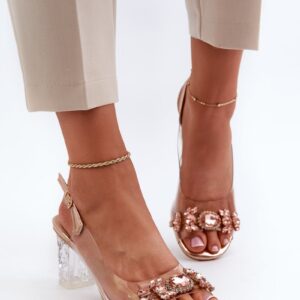 Elegant high-heeled sandals with embellishments, rose gold D&A