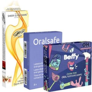 Kondomotheke Kondome Oral Dams Starterpack (Lecktücher) 2 Packungen Latextücher, insgesamt, 14 St., Dams Probierset, bunte Lecktücher mit Geschmack, verschiedene Sorten im Mix