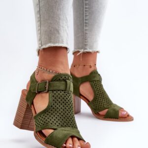 Openwork High Heeled Sandals Dark Green Hey Lover