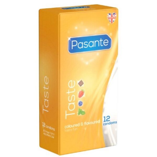 Pasante Kondome Taste (Flavours) Kondome mit inspirierenden Aromen, Packung mit, 12 St., bunte Kondome mit Geschmack, Kondome für Oralverkehr