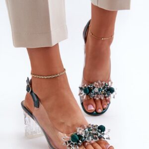 Transparent high-heeled sandals with embellishments, green D&A