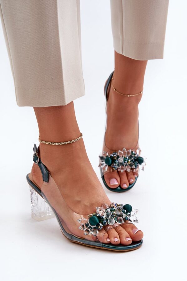 Transparent high-heeled sandals with embellishments, green D&A