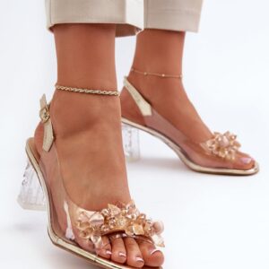 Transparent high-heeled sandals with gold D&A embellishments