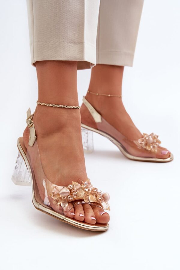 Transparent high-heeled sandals with gold D&A embellishments