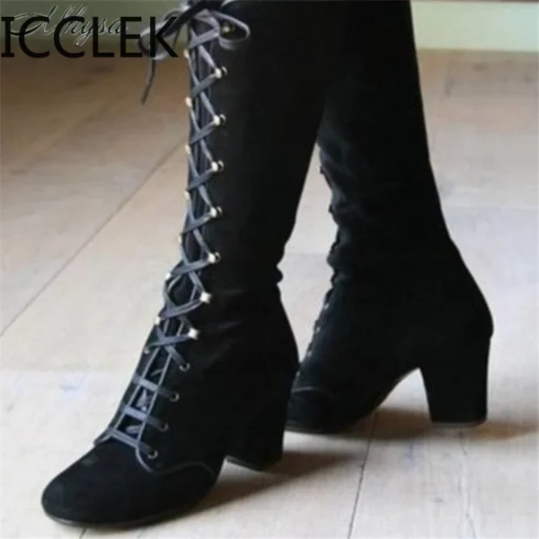 2020 Winter Women Boots Shoes Fashion Vintage Lace-up Boots Women Round Cowboy High Heels Booties