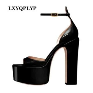 2022 New Sexy Party Women's Pumps Patent Leather Summer Sandals Thick High Heel Platform Fish Mouth