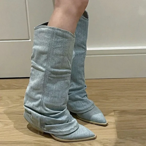 2023 New Blue Denim Knee High Boots Women Pointed Toe Thick Heels Western Boots Woman Pleated