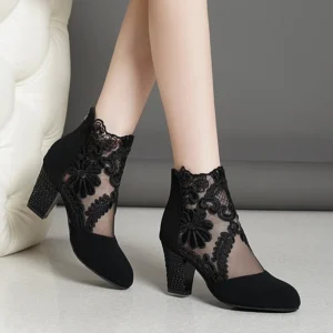 2023 New Fashion Women High Heels Lace Flower Ankle Strap Hollow Out Sandals Round Toe Zip Pumps