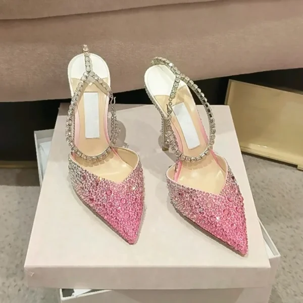 2023 Spring New Water Diamond Gradient Pink Sexy Pointed V-neck High Heels Slim Heel Strappy