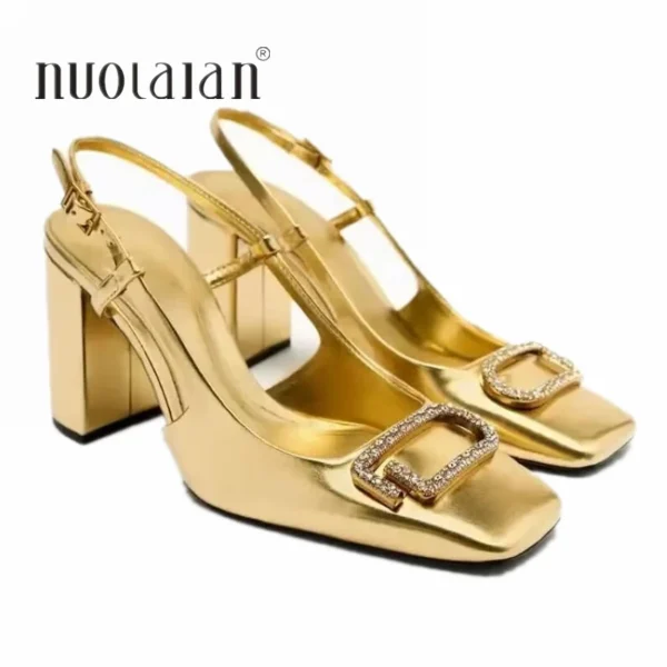 2024 Fashion Woman High heels Gold Mules Heels for Women Chunky Rhinestone Elegant Heeled Slingback