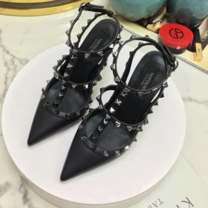 2024 Genuine Leather Rivet Fashion Classic High Heels Summer Black Slim High Heel Sandals Pointed