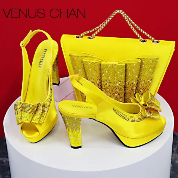 2024 High Quality Yellow Color Fish Beaked Toe Cap Thin Heels Ladies Shoes Matching Bag Set For