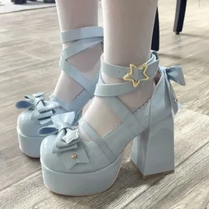 2024 Lolita Shoes Women Mary Janes High Heels Shoes Chunky Sandals Summer Fashion Retro Bow Party