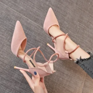 2024 New Cross-strap Roman Sandals Suede High Heels Women's Shoes One-line Buckle Fine Heel Pointed