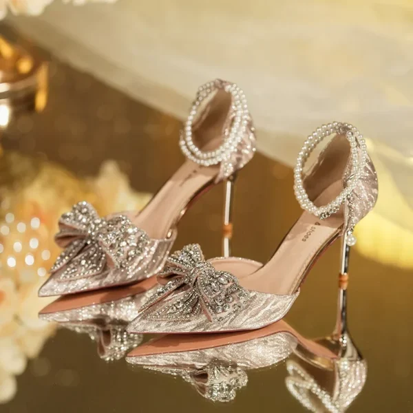 2024 Summer Luxury Women's High Heel Sandals Rhinestone Butterfly Pearl Champagne Party Wedding