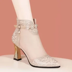 2024 Summer New Fashion Pointed Mesh Breathable Rhinestone High Heel Buckle Large Comfortable Cool