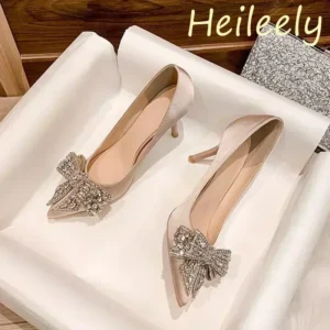 6cm New Fashion Satin Pointed Toe with Rhinestone Bow Sexy High Heels Banquet Party Women Shoes 41