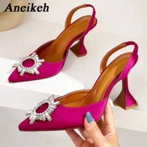 Aneikeh Brand Women Silk High Heels Luxury Crystal Butterfly Knot High Heels Summer Pointed Shoes