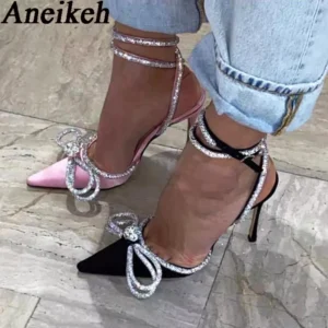 Aneikeh PVC Style Glitter Rhinestones Women Pumps Crystal Bowknot Satin Lady Silk High Heels Party